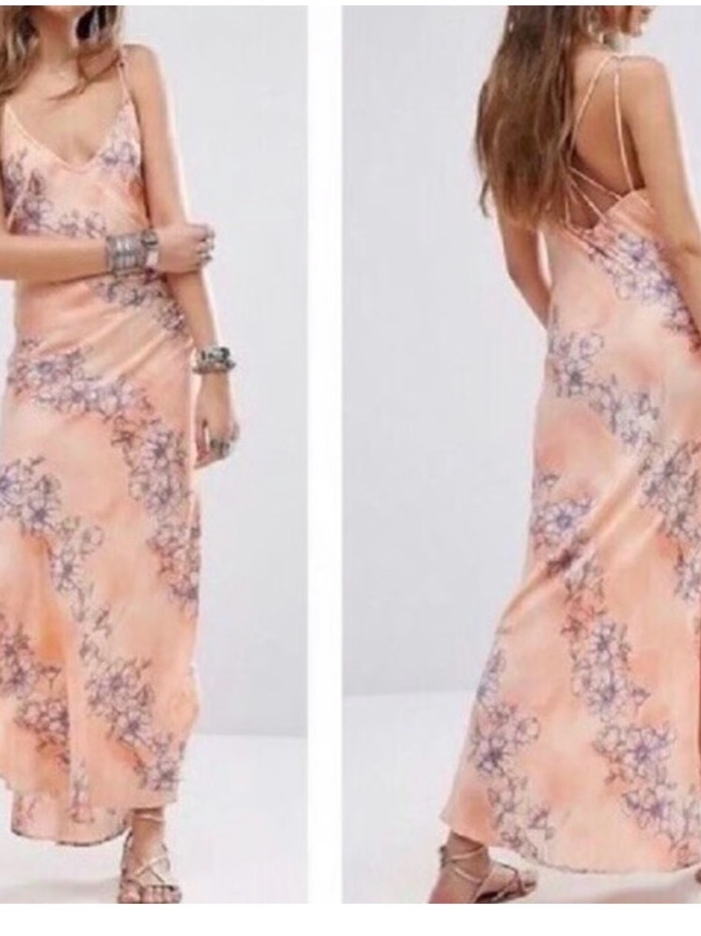 Peach Floral Slip Maxi Dress with Delicate Purple Print